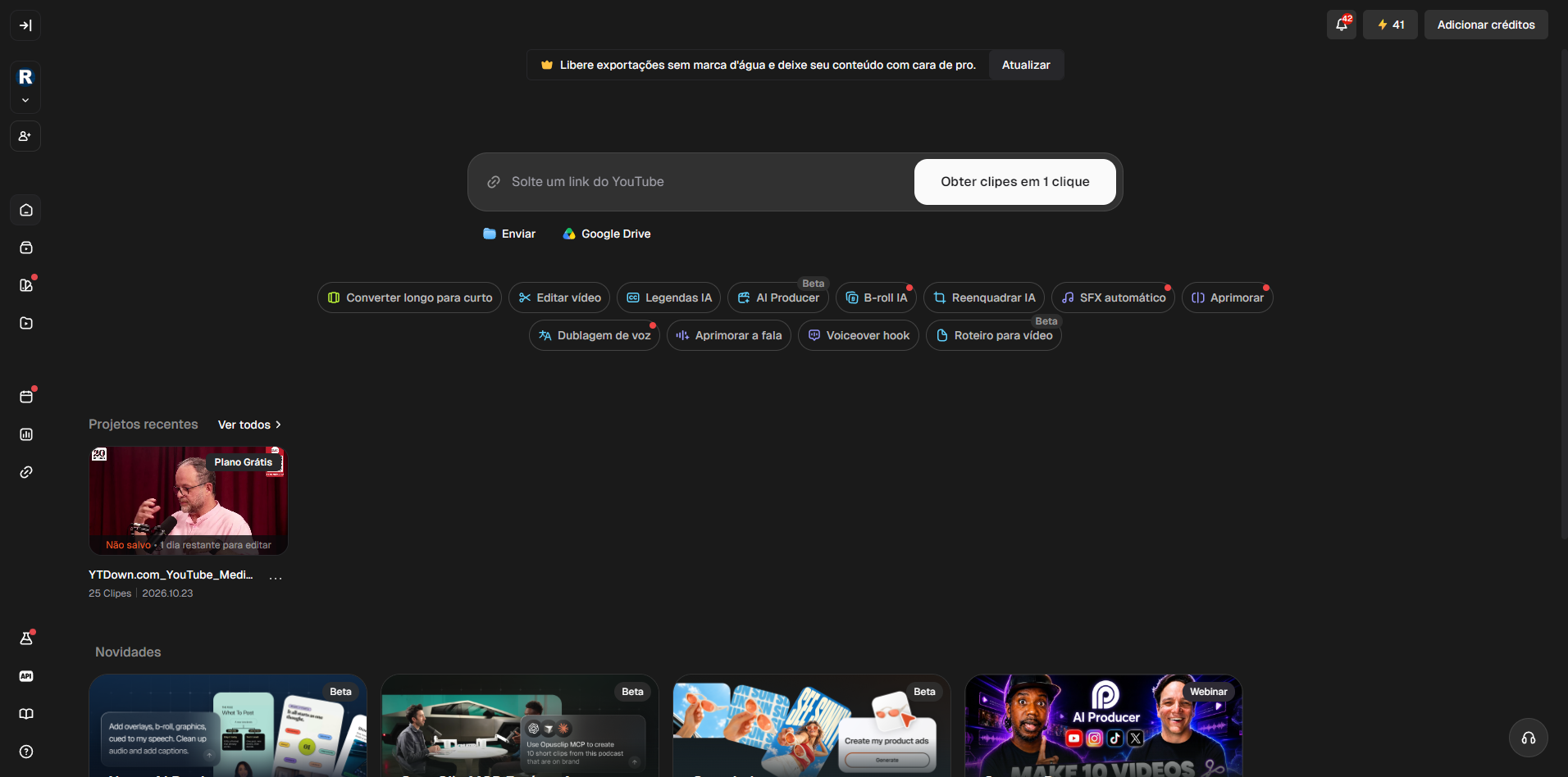 Interface real do ClipForge exibindo projetos de vídeo